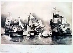 Reproduction d'une gravure intitulée "Lendemain de Trafalgar" - En fait, l'action eut lieu le surlendemain et il n'y eut pas d'engagement contrairement à ce que suggère la gravure