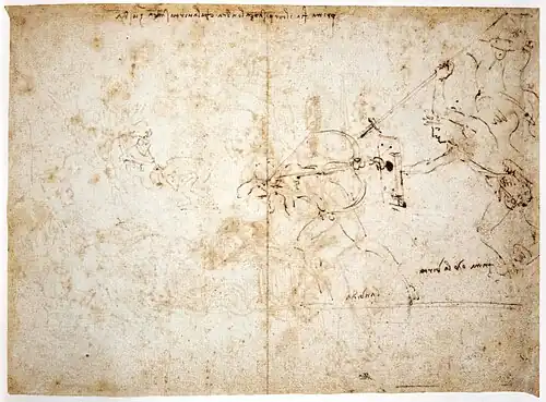 Dessin à la plume représentant des personnages luttant entre elles à l'aide de lances.