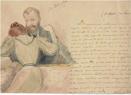 Lettre aquarellée de l'artiste avec l'esquisse d'un couple d'amoureux.