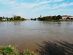 Dominé par la tour du grand port, le confluent de l'Isle (en face) et de la Dordogne.