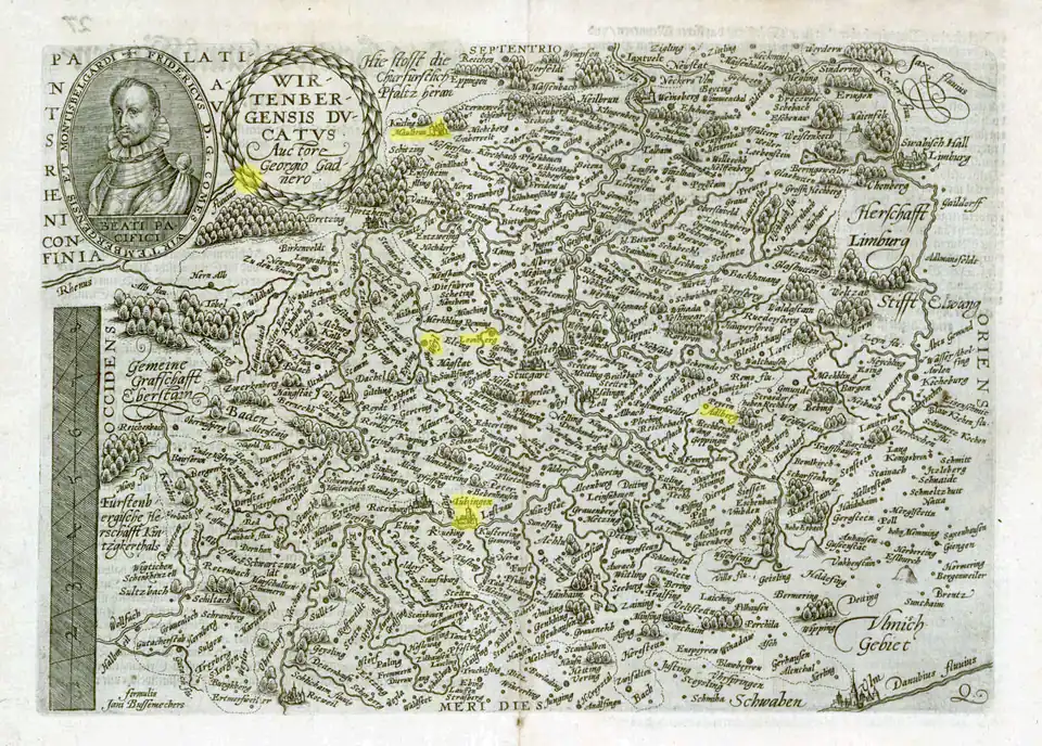 Lieux où vécut Kepler pendant sa jeunesse.Weil der Stadt [1571-1576], Leonberg [1576-1579] [1581-1583] (au centre), Adelberg [1584-1586] (à l'est), Maulbronn [1586-1589] (au nord), Ellmendingen [1579-1581] (au nord-ouest, disque jaune sur le bord du cartouche), Tübingen [1589-1594] (au sud).