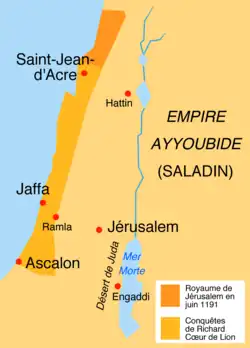 Carte simplifiée de Palestine. Au nord, sur la côte, le royaume de Jérusalem, tout petit. En dessous, le long de la côte, les conquêtes de Richard de Saint-Jean d'Acre à Ascalon. À l'est, dans les territoires de Saladin, Jérusalem. Au sud-est de Jérusalem, le désert de Juda, la mer Morte, et, entre les deux, Engaddi.