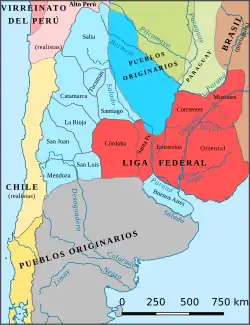 Provinces autonomistes (bleu-vert) et Ligue fédérale unitaire (rouge) en 1821.