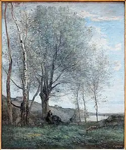 Assis sous un arbre entièrement déployé, un pâtre appuyé sur son bâton surveille ses deux chèvres, l'une dressée contre un tronc, l'autre paissant.