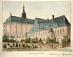 Au fond, la chapelle du couvent, surmontée d'un campanile, et, au premier plan, le bâtiment conventuel.