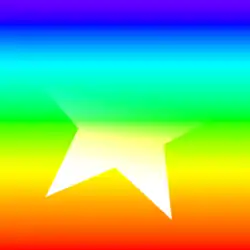 Au premier plan une étoile en dégradé noir et blanc à laquelle est appliquée un mode de fusion "densité linéaire -" avec le calque du dessous qui est un dégradé multicolore. Les couleurs sombres laissent place aux couleurs les plus claires avec l'application de ce mode.