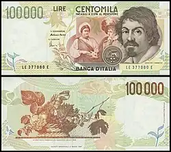 billet de banque arborant au recto le visage de Caravage et au verso une représentation de sa nature morte à la corbeille de fruits