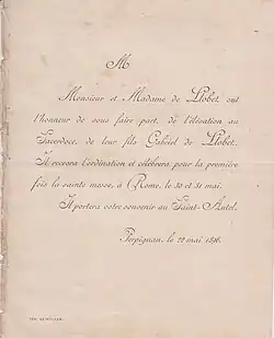 Faire-part de l'ordination sacerdotale de Gabriel de Llobet (1896)