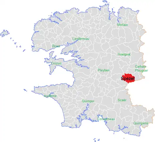 Carte représentant par des couleurs différentes l'emplacement d'une commune au sein de son département.