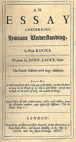 On lit sur la page "An Essay Concerning Humane Understanding. In Four Books. Written by John Locke, Gent. The Fourth Edition, with large Additions. Eccles. XI. 5. As thou knowest not what is the way of the Spirit, nor how the bones do grow in the Womb of her that is with Child: even so thou knowest not the works of God, who maketh all things. Quam bellum est velle consteri potius nescire quod nescias, quam ista effutientum nauseare, atque ipsum sibi displicere! Cic. de Natur. Deor. l. I. London: Printed for Awasham and John Churchil, at the Black-Swan, in Pater-Noster-Row; and Samuel Manship, at the Ship in Cornhill, near the Royal Exchange, MDCC."