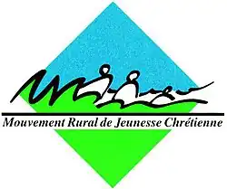 Le logo a la forme d’un carré pivoté, la moitié inférieure est verte, dépassant en touffe d’herbes sur la moitié supérieure bleu ciel. Des silhouettes blanches se dessinent entre les deux, au dessus du texte « Mouvement Rural de Jeunesse Chrétienne ».