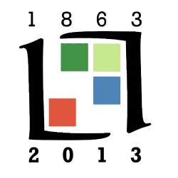 Le logo commémoratif : sur fond blanc, quatre carrés de couleurs différentes encadrés des dates 1863 et 2013 écrites en noir