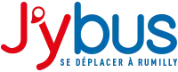 Ancien logo en couleurs du réseau, composé des caractères J'y en rouge et bus en bleu, et de la mention « Se déplacer à Rumilly » en capitales bleues en-dessous.