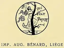 Marque d'édition de l'imprimerie d'Auguste Bénard, où une illustration présente une femme tentant de cueillir un fruit dans un arbre. À droite, au milieu des branches de l'arbre, la devise "Qui vult potest" (« Qui veut peut ») est inscrite.