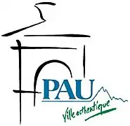 Logo représentant un bâtiment stylisé au trait noir ; légende bleu et vert-bleu : Pau ville authentique.