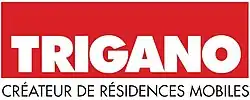 Logo de la filiale Résidences Trigano. Il est écrit « Trigano » en blanc sur un rectangle rouge, et « créateur de résidences mobiles » en noir sur fond blanc en-dessous.