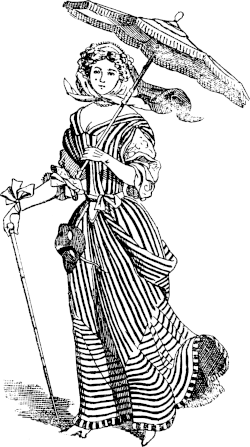 L'ombrelle à la fin du XVIIe&nbsp;siècle. Source : L'art Les Artifices de la beauté, 6e éd. Uzanne, Octave. Paris 1902 ; page 308. La robe est largement retroussée sur la jupe du dessous. Le parasol est une invention nouvelle.