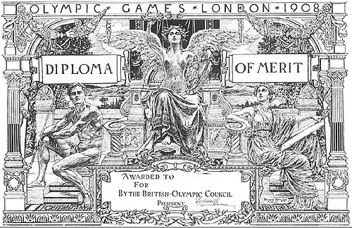 gravure noir et blanc : au centre une divinité ailée tient une couronne de laurier ; elle est entourée d'un homme et d'une femmes, assis.