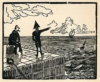 Xylographie. Deux hommes de dos sur un quai, celui de droite portant bicorne et pointant du doigt vers un bateau au loin