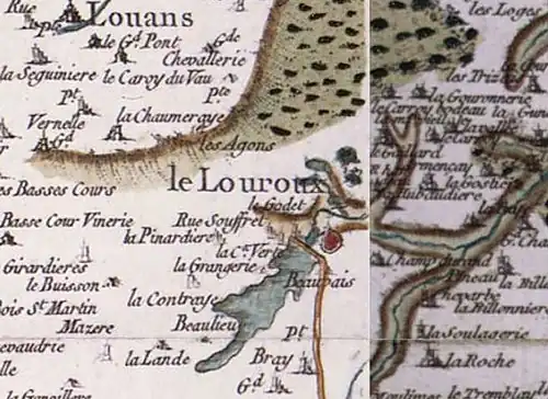 Dessin en couleurs représentant un extrait de carte légendée et illustrée.