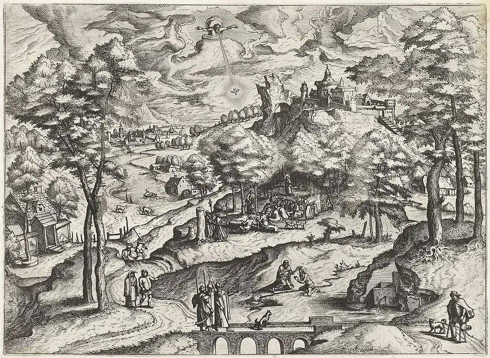 Baptême du Christ, gravure de Johannes et Lucas van Doetechum, d'après un dessin de Lucas Gassel, publié par Jérôme Cock, Rijksmuseum, Amsterdam.