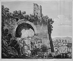 Luigi Rossini, Tivoli Condotti, vers 1826. Vue de la zone appelée aujourd'hui Ponte dell'Arci : au premier plan, une arche de l'Anio Novus dont l'ouverture a été obstruée par un arc plus petit qui n'existe plus aujourd'hui. Derrière cet arc, on aperçoit un troisième arc, en arrière-plan, qui appartient à l'Aqua Marcia.