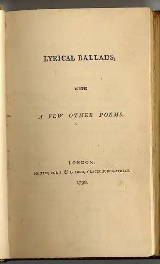 Page titre jaunie : LYRICAL BALLADS, WITH A FEW OTHER POEMS. LONDON: PRINTED FOR J. & A. ARCH, GRACECHURCH-STREET. 1798