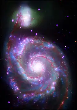 Image composite de M51 basée sur les observations des télescopes spatiaux Hubble, Spitzer, GALEX et Chandra.