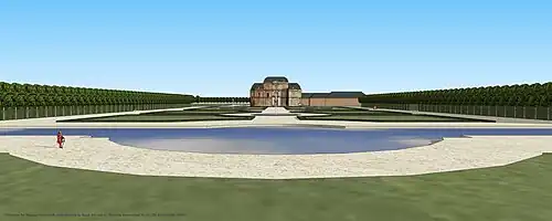 Vue restituée de la grande perspective du château de Magny Guiscard de l'autre côté du canal, fin du XVIIe siècle.