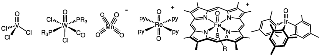 Exemples d'oxydes métalliques moléculaires. De gauche à droite : oxytrichlorure de vanadium (d0), carbonyle oxo de tungstène (d2), permanganate (d0), ReO2(py)4+ (d2), composé I du cytochrome P450 (d4) et O=Ir(Mes)3 (d4).