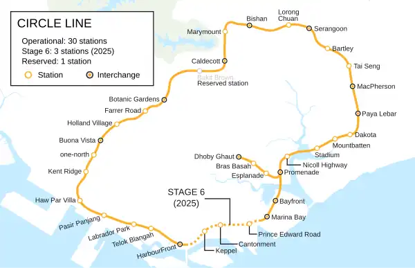 Tracé géographique exact de la Circle line avec les tronçons en service et en construction.