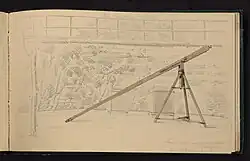 Dessin d'une machine servant pour lever et transplanter les orangers réalisé par Prosper Morey durant ses études aux Beaux-Arts de Paris. Folio 38 de l'album de dessin de Prosper Morey. Nancy, Bibliothèques de Nancy, Ms. 1864.