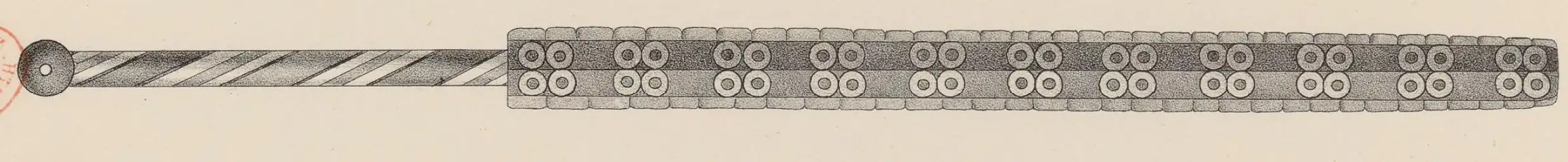 Macuahuitl du catalogue de l'Armurerie royale espagnole&nbsp;(es), seul document sur la dernière arme aztèque connue (1850), illustration publiée dans : Achille Jubinal, La Armeria real, ou collection des principales pièces de la Galerie d'armes anciennes de Madrid, 1850, vol 2, p. 9.