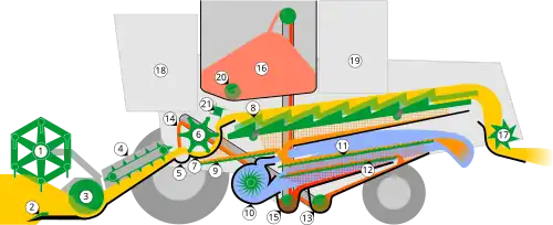 Schéma d'une moissonneuse-batteuse conventionnelle.