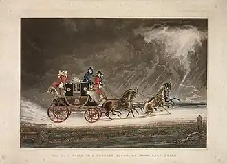Estampe montrant un mail coach aux couleurs noir et rouge de la Poste britannique, dans un orage, près de Newmarket, Suffolk in 1827. Le garde se tient à l'arrière.