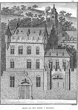 Maison des sept nobles à Bruxelles avec l'écusson Sleeus, gravé sous la direction du graveur Michel