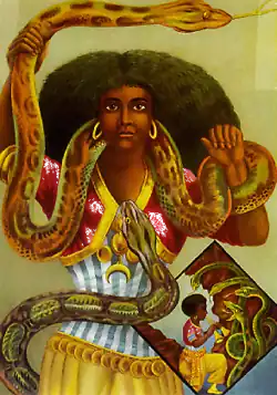 Cette chromolithographie de l'entreprise hambourgeoise Adolph Friedlander&nbsp;(années 1880) est devenue une image couramment utilisée en Afrique et dans la diaspora pour représenter Mami Wata(en) Henry Drewal, « Mami Wata Arts for Water Spirits in Africa and Its Diasporas », African Arts,‎ été 2008, p.&nbsp;70-71.,(en) Sabine Jell-Bahlsen, « EZE MMIRI DI EGWU, The Water Monarch is Awesome : Reconsidering the Mammy Water Myths », Annals of the New York Academy of Sciences, New York, no&nbsp;810 « Queens, Queen Mothers, Priestesses and Power: Case Studies in African Gender »,‎ juin 1997, p.&nbsp;103-134 (DOI&nbsp;10.1111/j.1749-6632.1997.tb48126.x, résumé).,(en) Henning Christoph et Hans Oberländer, Voodoo : secret power in Africa, Cologne, Londres, Taschen, 1996, 240&nbsp;p. (ISBN&nbsp;3-8228-8649-1 et 978-3-8228-8649-6, OCLC&nbsp;35209059), p.&nbsp;255..