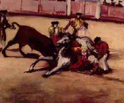 Une arène. Un taureau éventre un cheval entouré d'hommes.