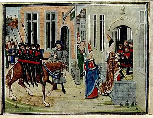 Manuscrit médiéval en couleur de Loyset Liédet montrant l'arrivée des quatre fils Aymon à Dordonne, montés sur le cheval Bayard, après leur exil dans la forêt.