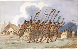 Le haka, danse rituelle māori, gravure du XIXe&nbsp;siècle
