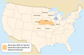 Carte des États-Unis. Un petite zone orangée couvrant la moitié sud de l'Iowa, le nord-ouest de l'Illinois, l'extrême-sud du Missouri et l'est du Nebraska.