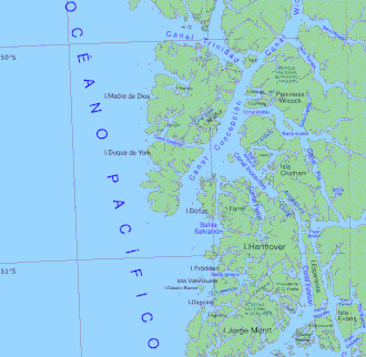 Carte de l'île et de l'archipel Madre de Dios.