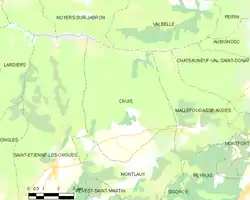 Carte élémentaire montrant les limites de la commune, les communes voisines, les zones de végétation et les routes