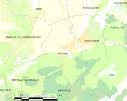 Carte élémentaire montrant les limites de la commune, les communes voisines, les zones de végétation et les routes