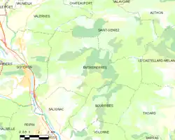 Carte élémentaire montrant les limites de la commune, les communes voisines, les zones de végétation et les routes