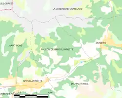 Carte élémentaire montrant les limites de la commune, les communes voisines, les zones de végétation et les routes