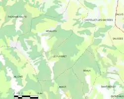 Carte élémentaire montrant les limites de la commune, les communes voisines, les zones de végétation et les routes