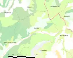 Carte élémentaire montrant les limites de la commune, les communes voisines, les zones de végétation et les routes
