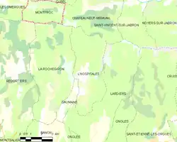 Carte élémentaire montrant les limites de la commune, les communes voisines, les zones de végétation et les routes