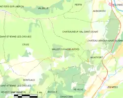 Carte élémentaire montrant les limites de la commune, les communes voisines, les zones de végétation et les routes